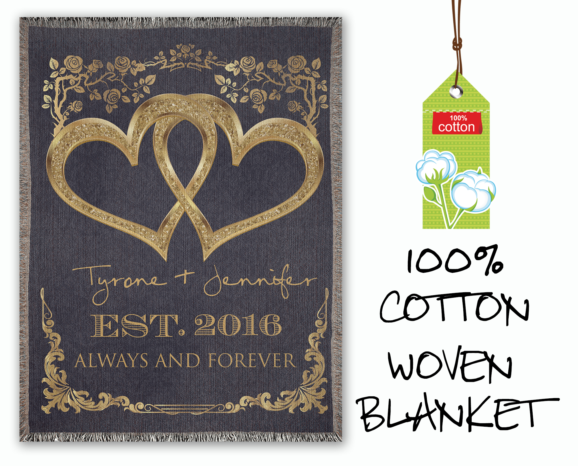 Personalized Two Hearts Forever Woven Blanket